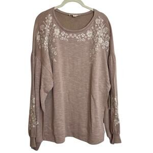 Nurture by Westbound Womens Knit Top Plus Size 1X Sweet Taupe Embroidered Floral